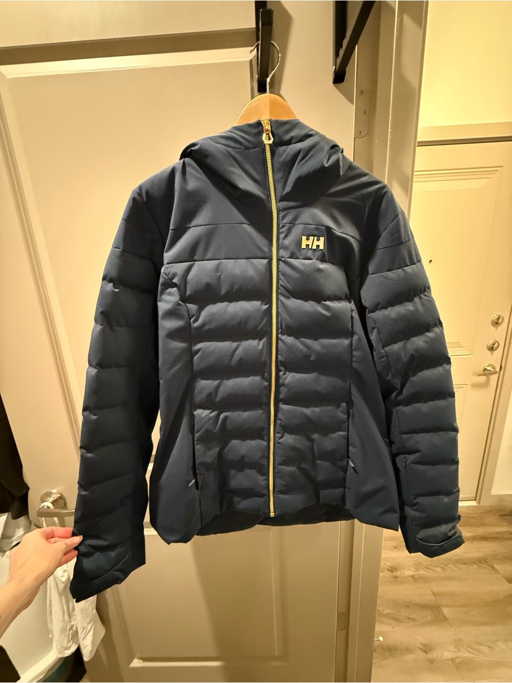 Helly Hansen Navy Quilted Hooded Puffer Jacket with Yellow Trim